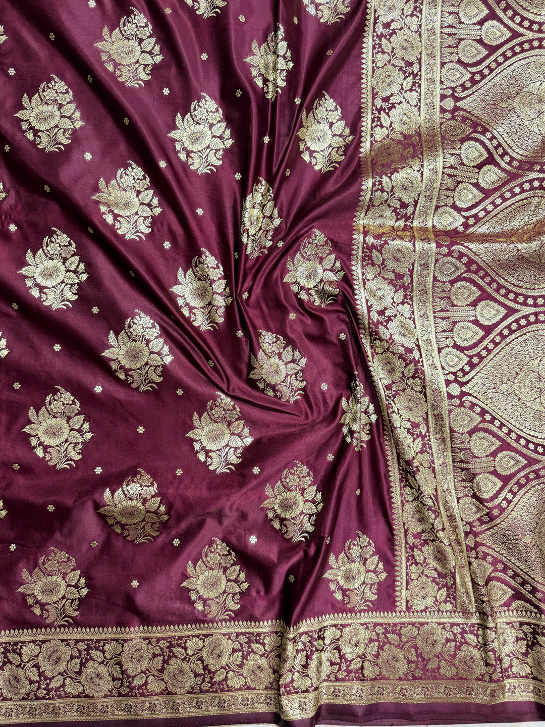 MASHRU KATAN IN WINE SHADE WITH FLORAL BORDER