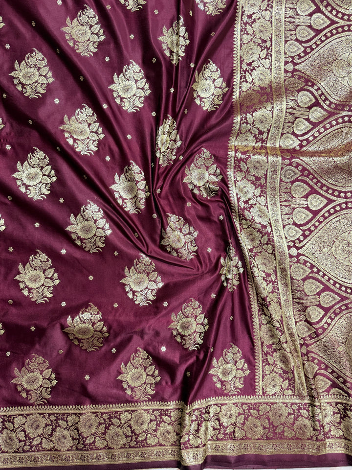 MASHRU KATAN IN WINE SHADE WITH FLORAL BORDER