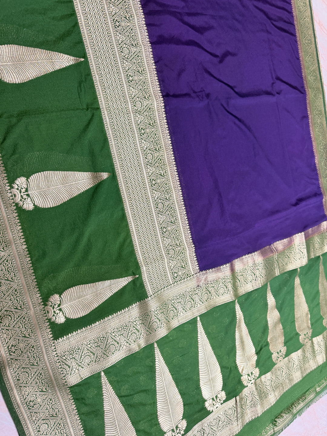 KHADDI GEORGETTE WITH KAIRI BOOTA IN PURPLE AND MEHNDI GREEN BORDER