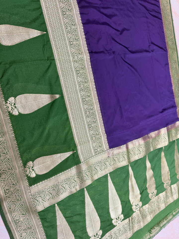 KHADDI GEORGETTE WITH KAIRI BOOTA IN PURPLE AND MEHNDI GREEN BORDER