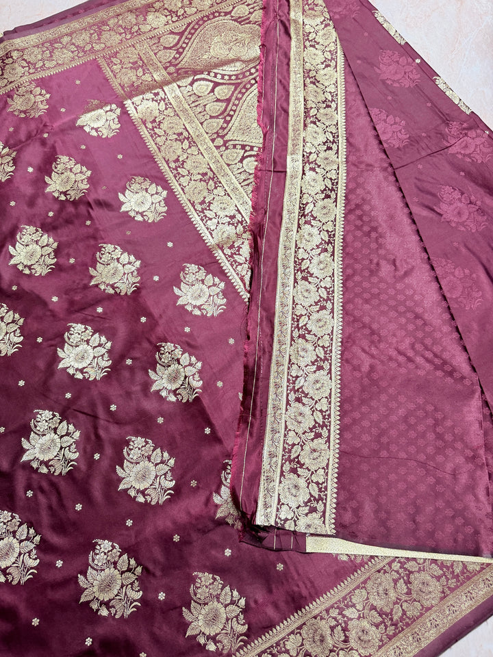 MASHRU KATAN IN WINE SHADE WITH FLORAL BORDER