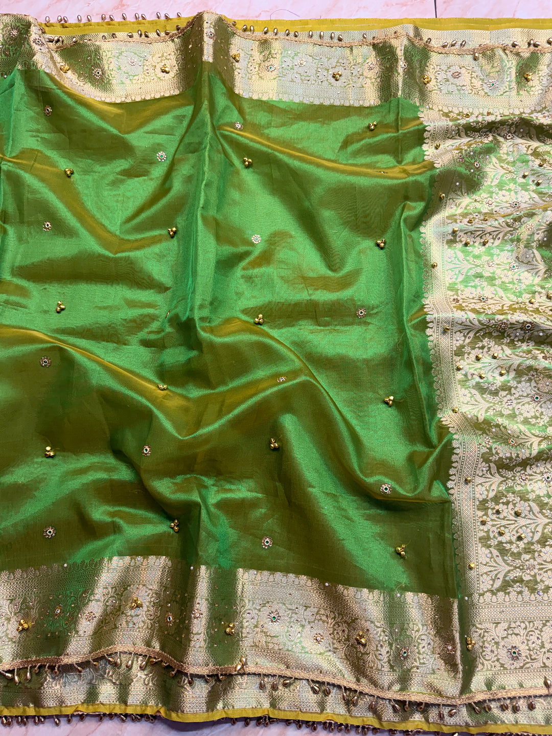 ZARDOSI GHUNGROO WORK SAREE IN MATALLIC GREEN COLOUR SHADE