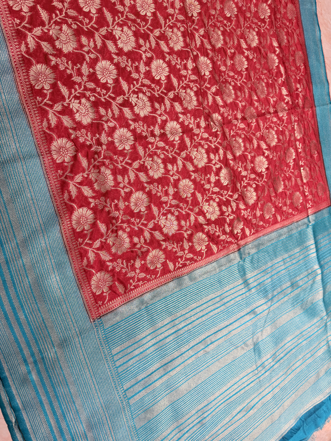 PAPER SILK IN FLORAL JAAL DESIGN IN TOMATO RED COLOUR SHADE