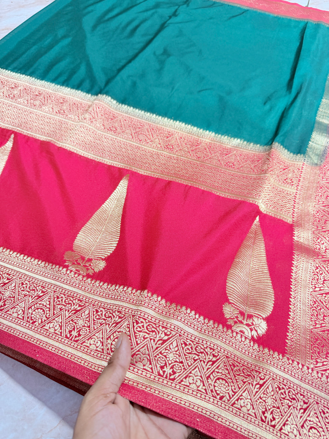 KHADDI GEORGETTE WITH KAIRI BOOTA IN BOTTLE GREEN AND CHERRY RANI BORDER