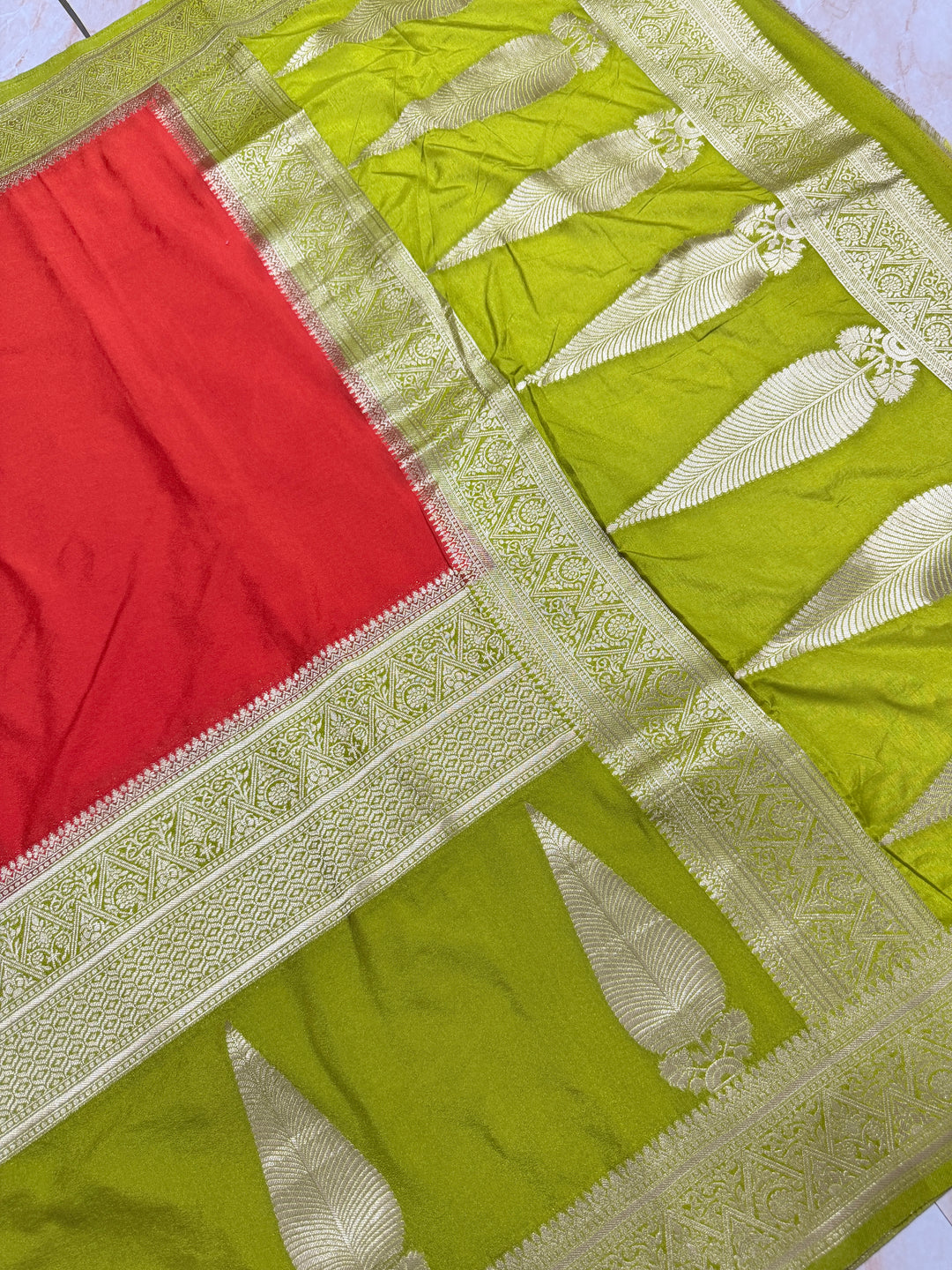 KHADDI GEORGETTE WITH KAIRI BOOTA IN ORANGE AND DEVDAS BORDER