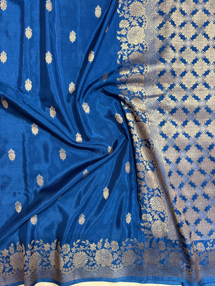 RUSSIAN COSMOS VISCOSE FABRIC SAREE IN GERMAN BLUE COLOUR SHADE