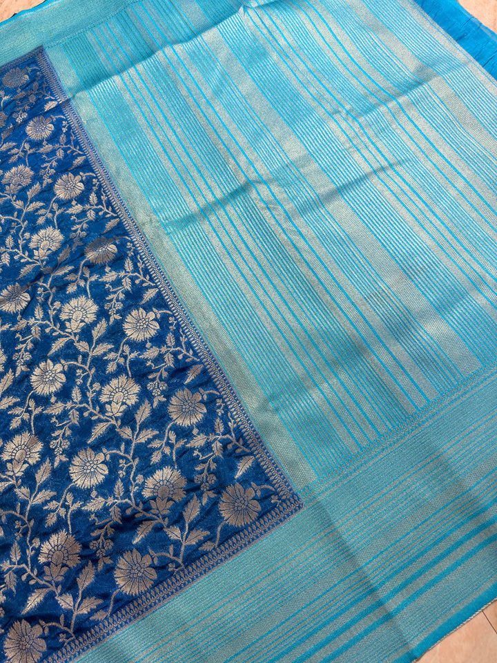 PAPER SILK WITH FLORAL JAAL DESIGN IN GERMAN BLUE COLOUR SHADE