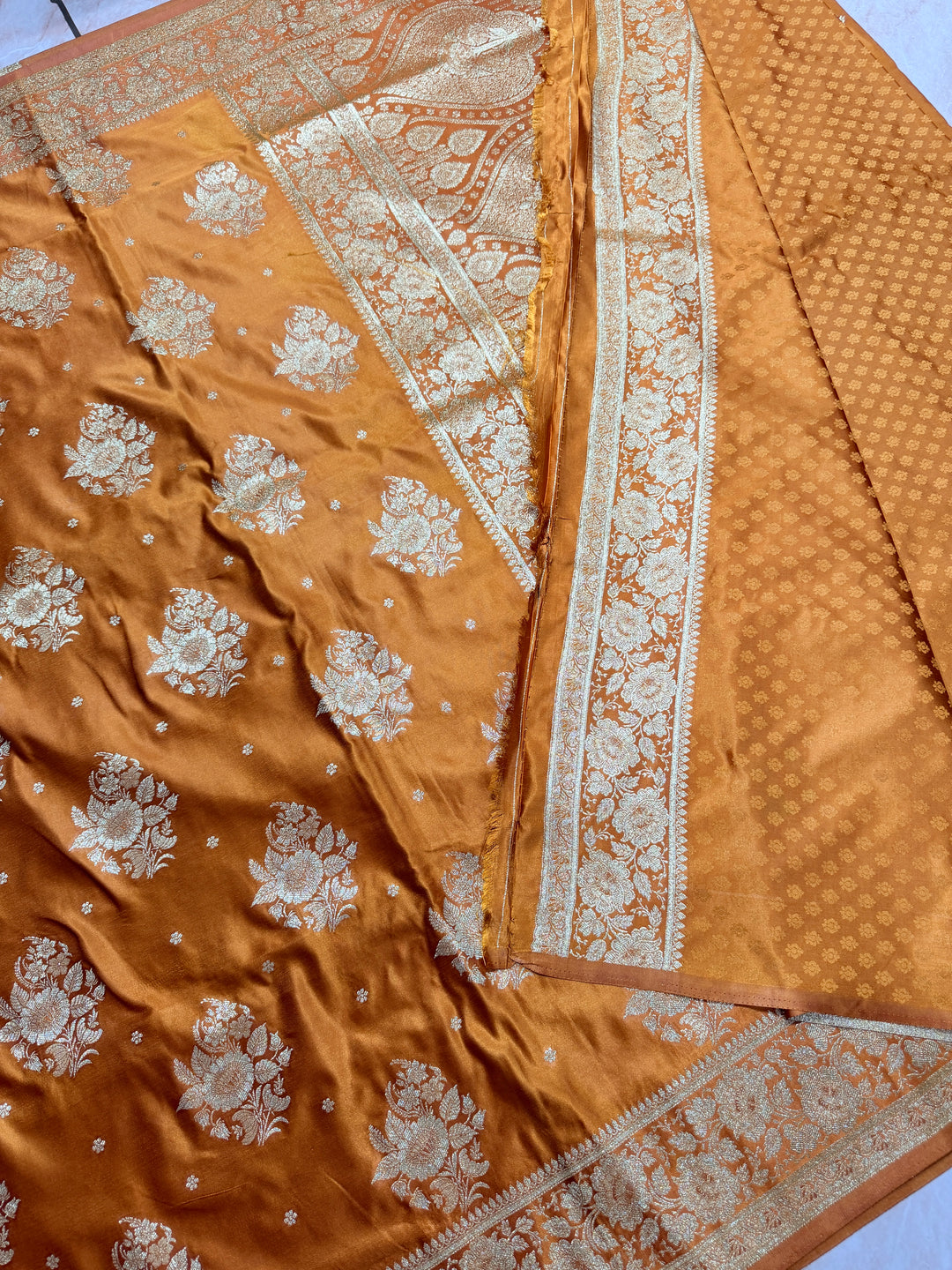 MASHRU KATAN IN MUSTARD SHADE WITH FLORAL BORDER