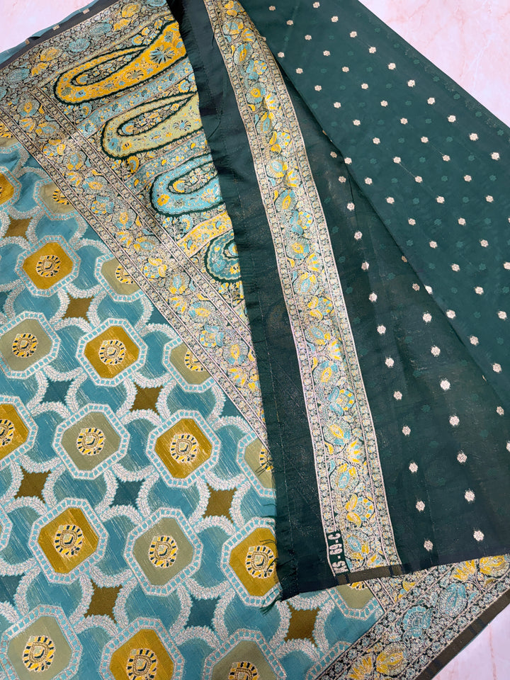 TEAL GREEN WITH MINAKARI MUTICOLOUR DETALING RANGKAAT SAREE IN SEMI SOFT SILK