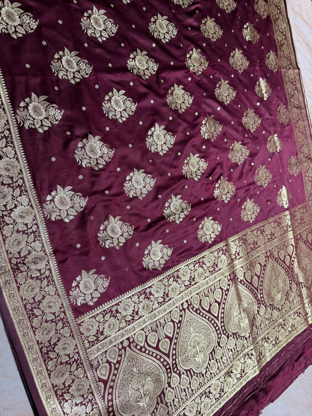 MASHRU KATAN IN WINE SHADE WITH FLORAL BORDER