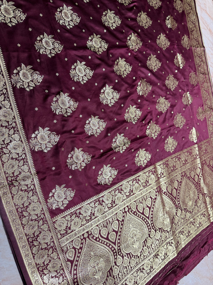MASHRU KATAN IN WINE SHADE WITH FLORAL BORDER