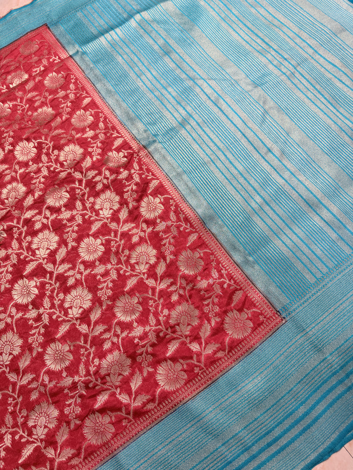 PAPER SILK IN FLORAL JAAL DESIGN IN TOMATO RED COLOUR SHADE