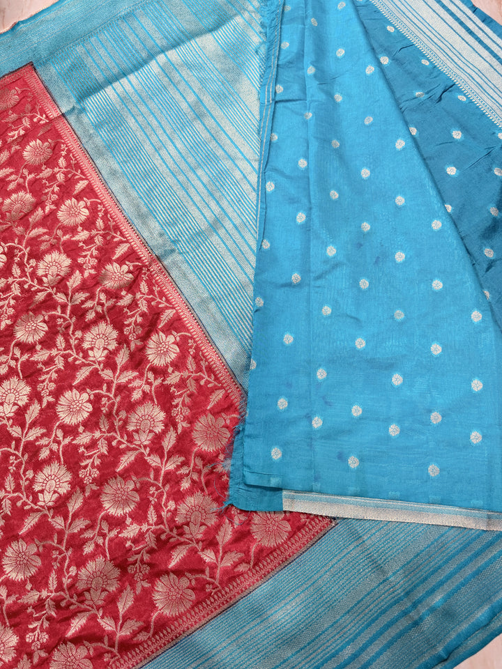 PAPER SILK IN FLORAL JAAL DESIGN IN TOMATO RED COLOUR SHADE