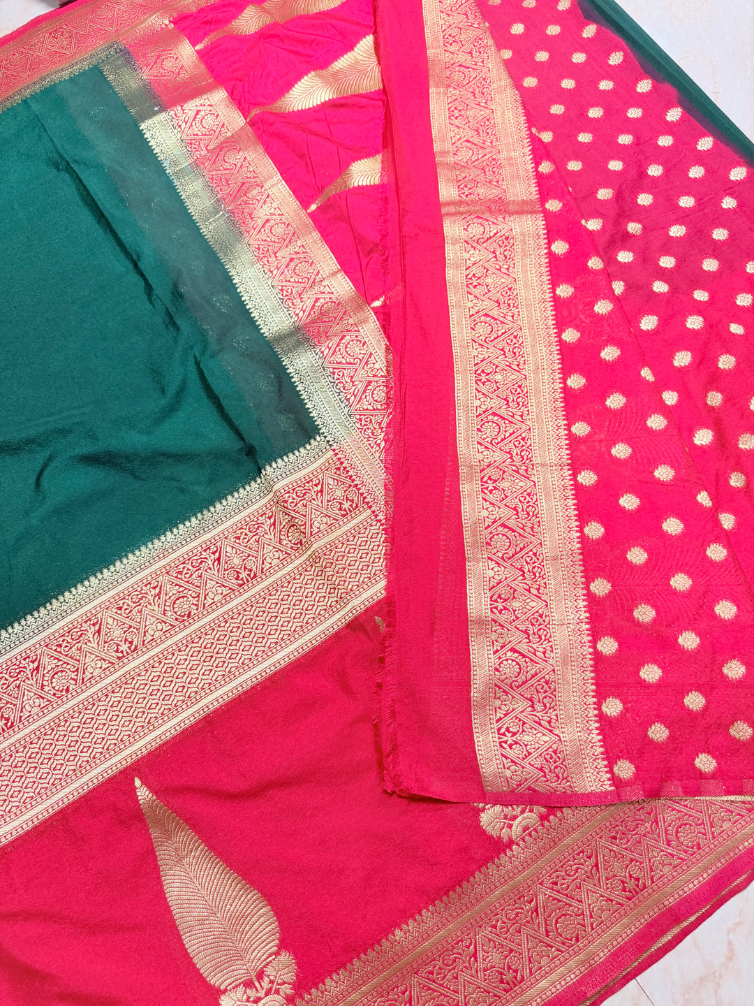 KHADDI GEORGETTE WITH KAIRI BOOTA IN BOTTLE GREEN AND CHERRY RANI BORDER