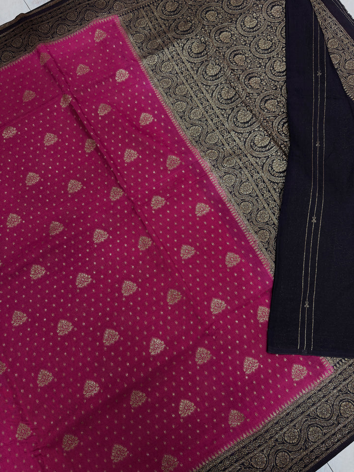 PREMIUM SEMI KHADDI VISCOSE GEORGETTE SAREE IN CHERRY COLOUR SHADE WITH CHOCOLATE  BORDER