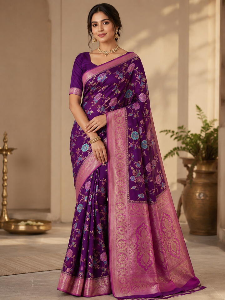 RUSSIAN SILK IN DEEP PURPLE WITH PINK BORDER