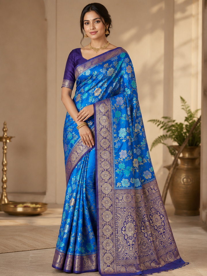 RUSSIAN SILK IN FEROZI BLUE WITH ROYAL BLUE BORDER