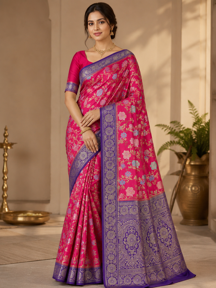 RUSSIAN SILK IN RANI WITH ROYAL BLUE BORDER