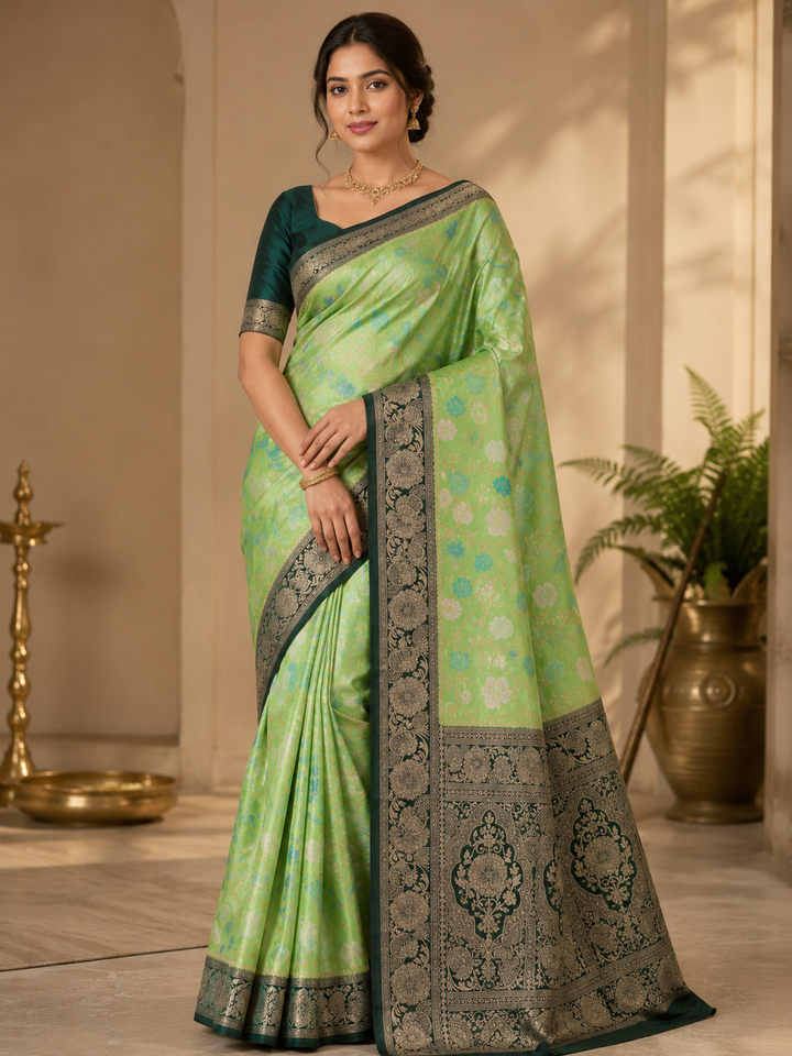RUSSIAN SILK IN PISTA GREEN WITH BOTTLE GREEN BORDER