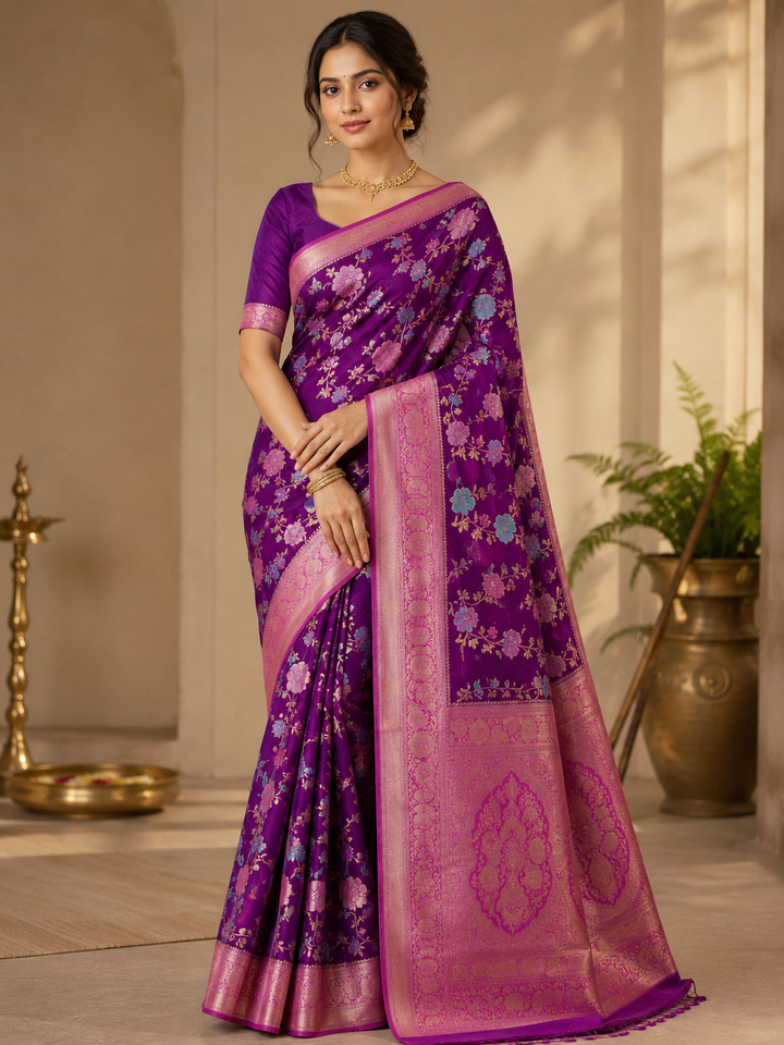 RUSSIAN SILK IN PURPLE WITH BABY PINK BORDER