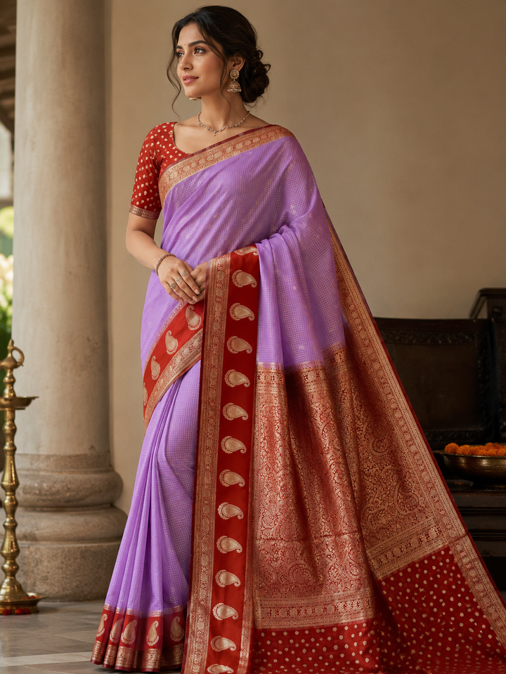 CREPE GEORGETTE IN LAVENDER WITH RED BORDER