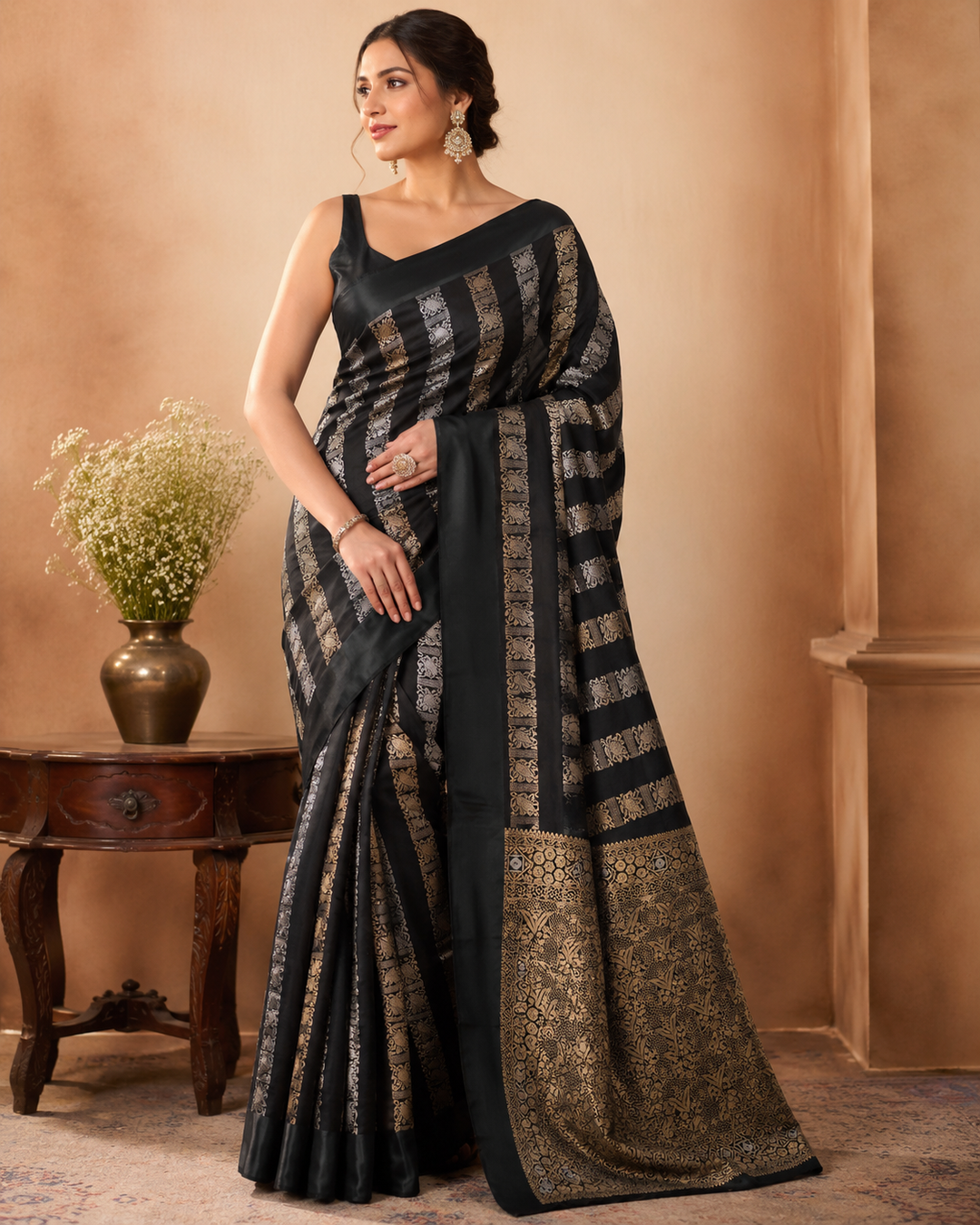RUSSIAN SATIN SILK IN BLACK WITH GOLD SILVER ZARIWORK
