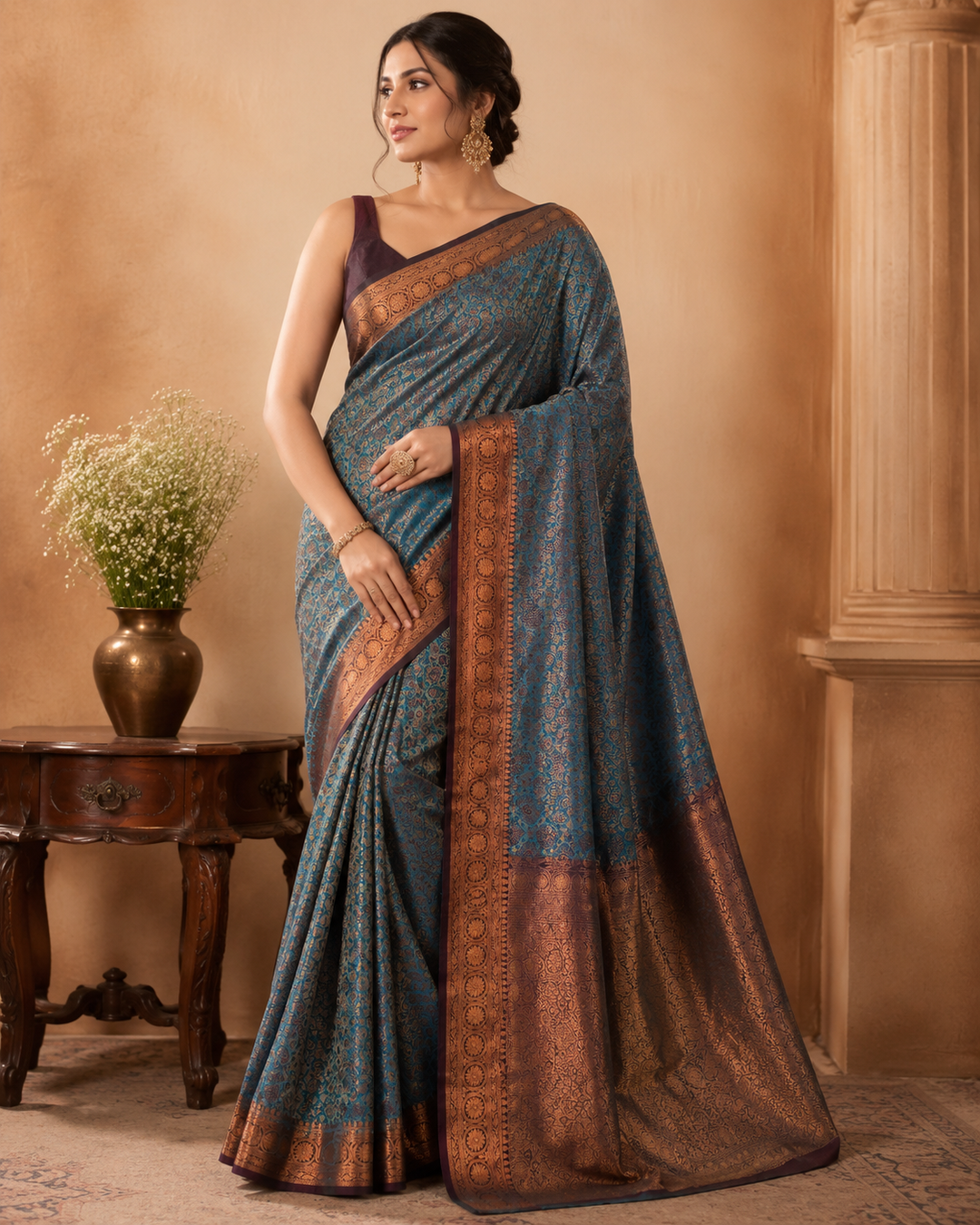KASHMIRI WORK IN COBALT BLUE WITH CHOCLATE BORDER ZARI WORK