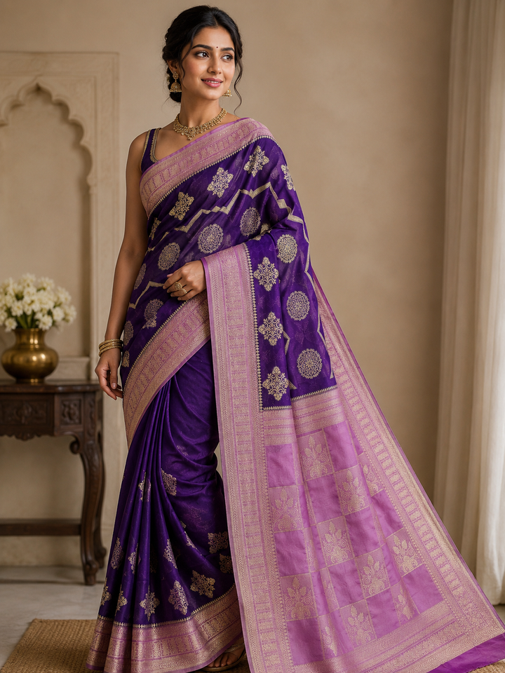 CHINON CREPE GEORGETTE IN VIOLET WITH BABY PINK BORDER