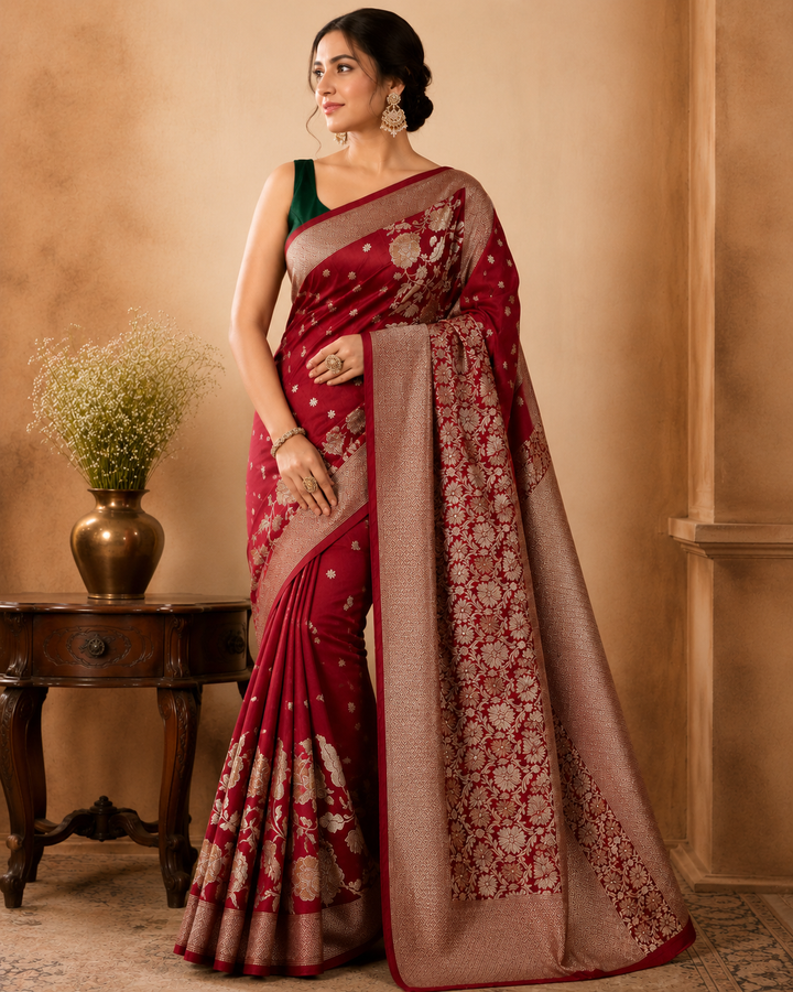 RUSSIAN SILK IN RED WITH ZARIWORK FLORAL BORDER