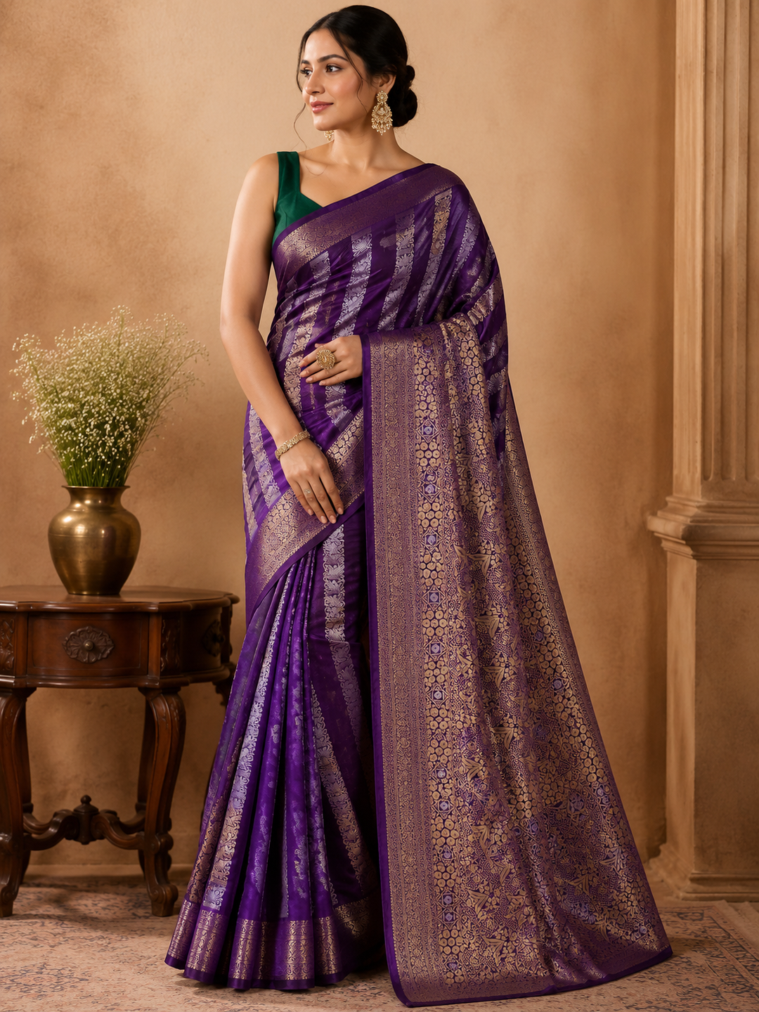 RUSSIAN SATIN SILK IN PURPLE WITH VERTICAL SILVER GOLD ZARIWORK