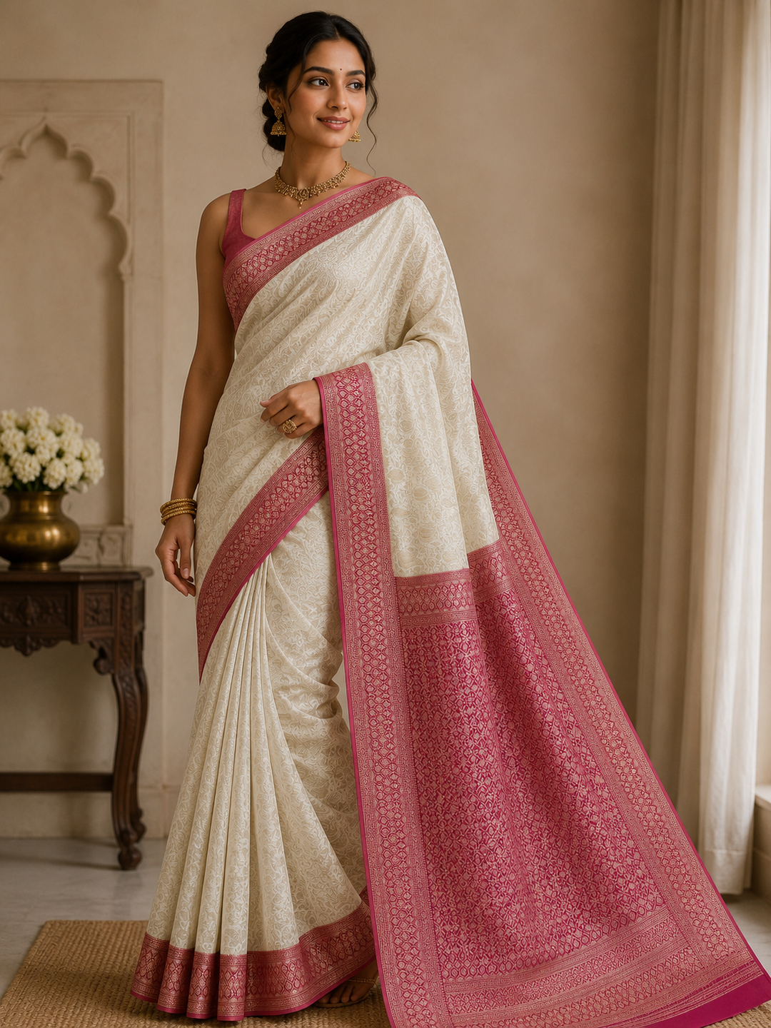 KHADDI GEORGETTE IN CREAM WITH RED BORDER