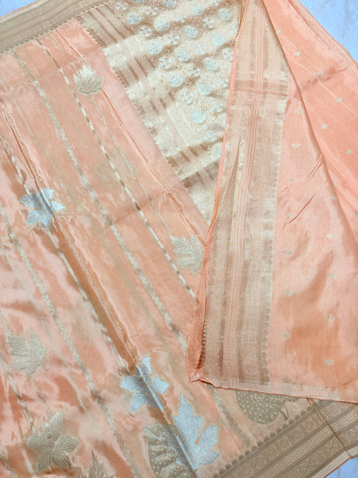 KOREAN SILK IN PEACH ORANGE WITH GOLD AND SILVER ZARI WORK