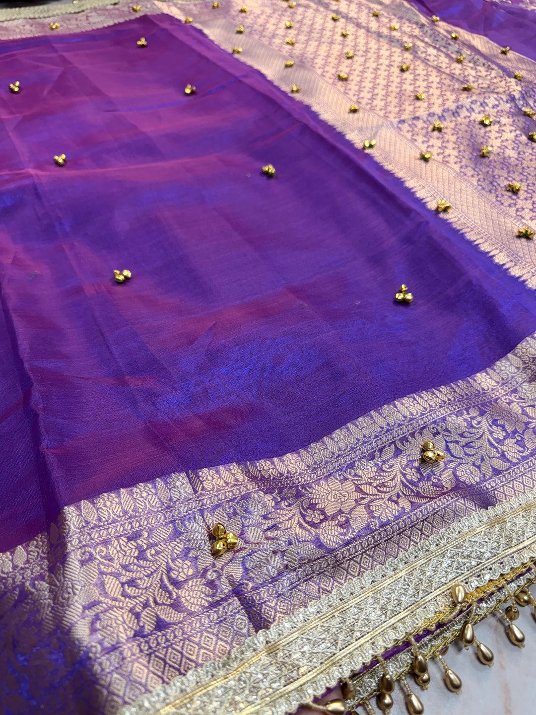 ZARDOSI GHUNGROO WORK SAREE IN PURPLE WITH PINK DUAL TONE COLOUR SHADE