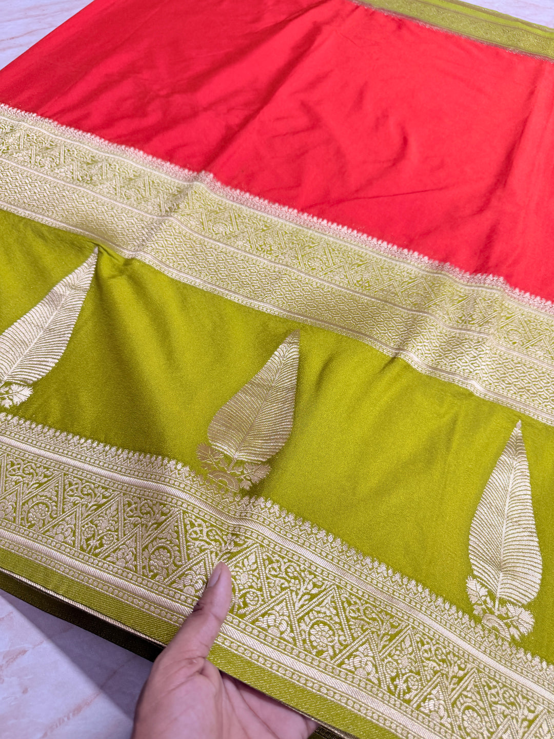 KHADDI GEORGETTE WITH KAIRI BOOTA IN ORANGE AND DEVDAS BORDER