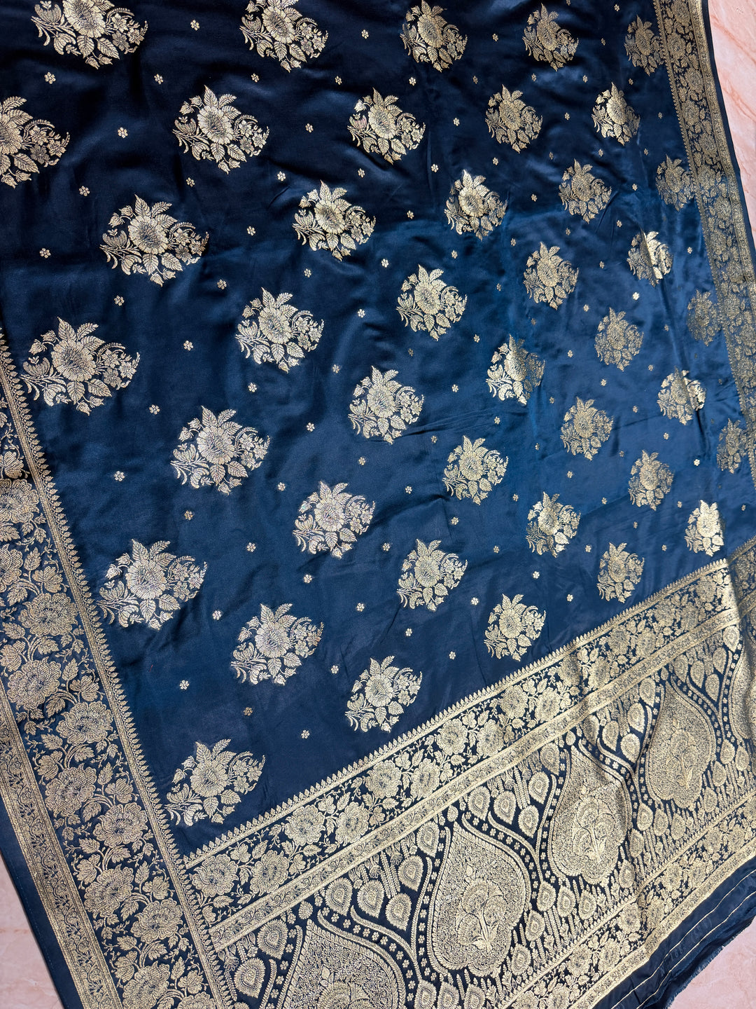 MASHRU KATAN IN DEEP GERMAN BLUE SHADE WITH FLORAL BORDER