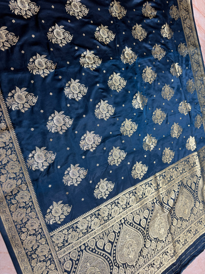 MASHRU KATAN IN DEEP GERMAN BLUE SHADE WITH FLORAL BORDER
