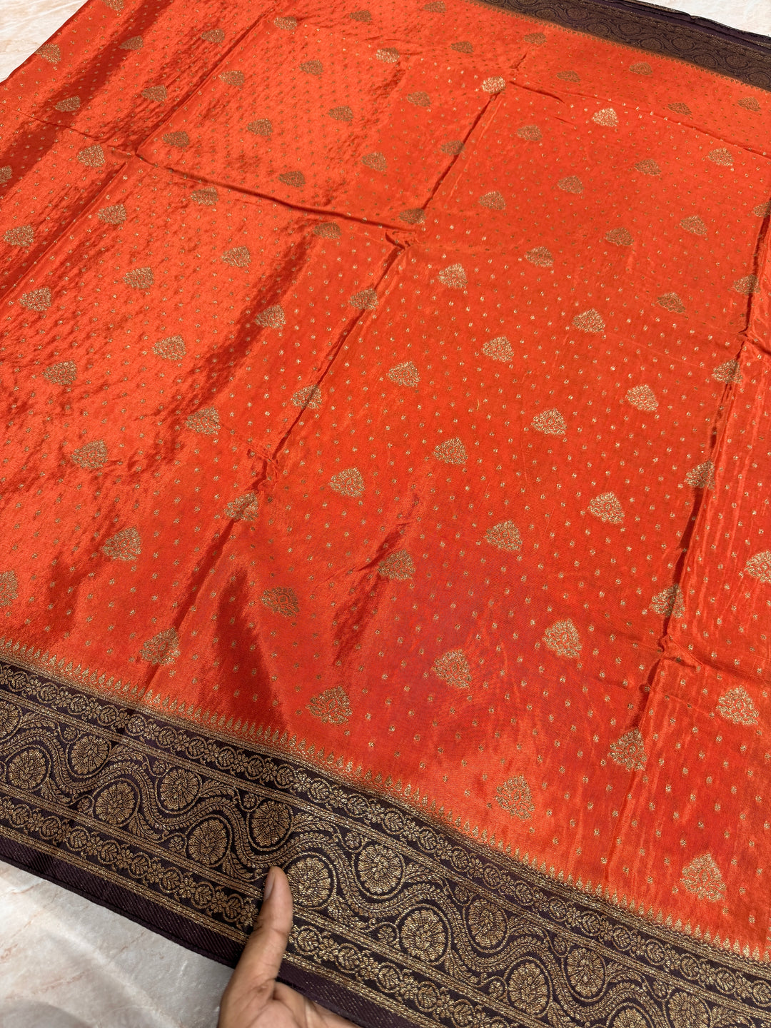 PREMIUM SEMI KHADDI VISCOSE GEORGETTE SAREE IN RUST ORANGE COLOUR SHADE WITH CHOCOLATE BORDER