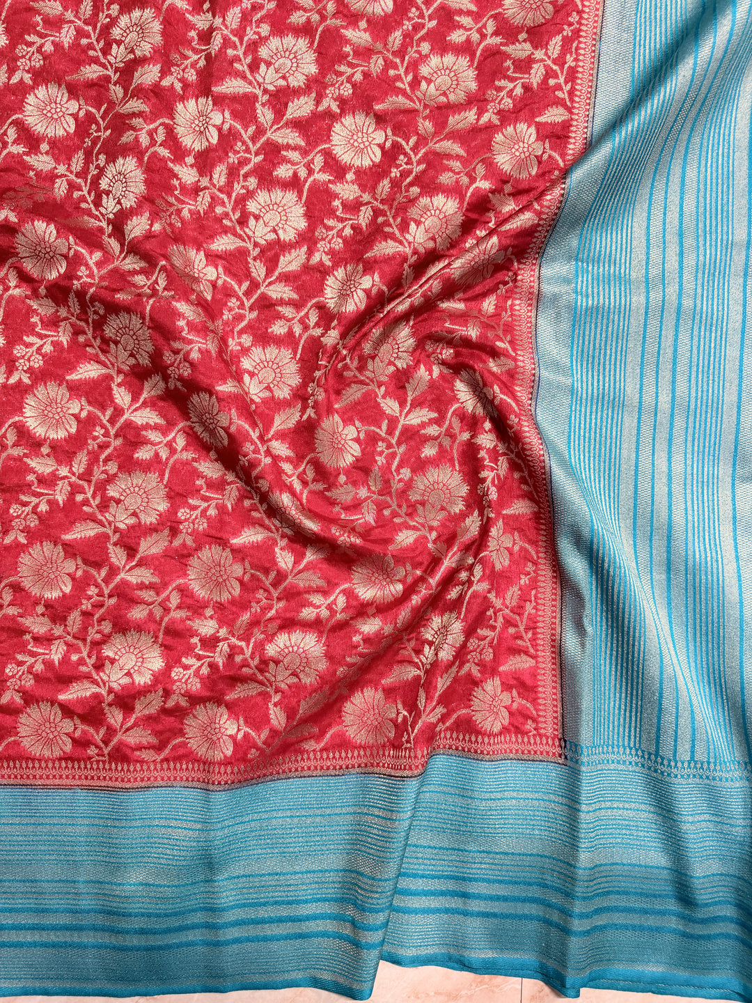 PAPER SILK IN FLORAL JAAL DESIGN IN TOMATO RED COLOUR SHADE