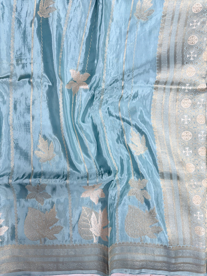 KOREAN SILK IN LIGHT MATALLIC AQUA BLUE WITH GOLD AND SILVER ZARI WORK