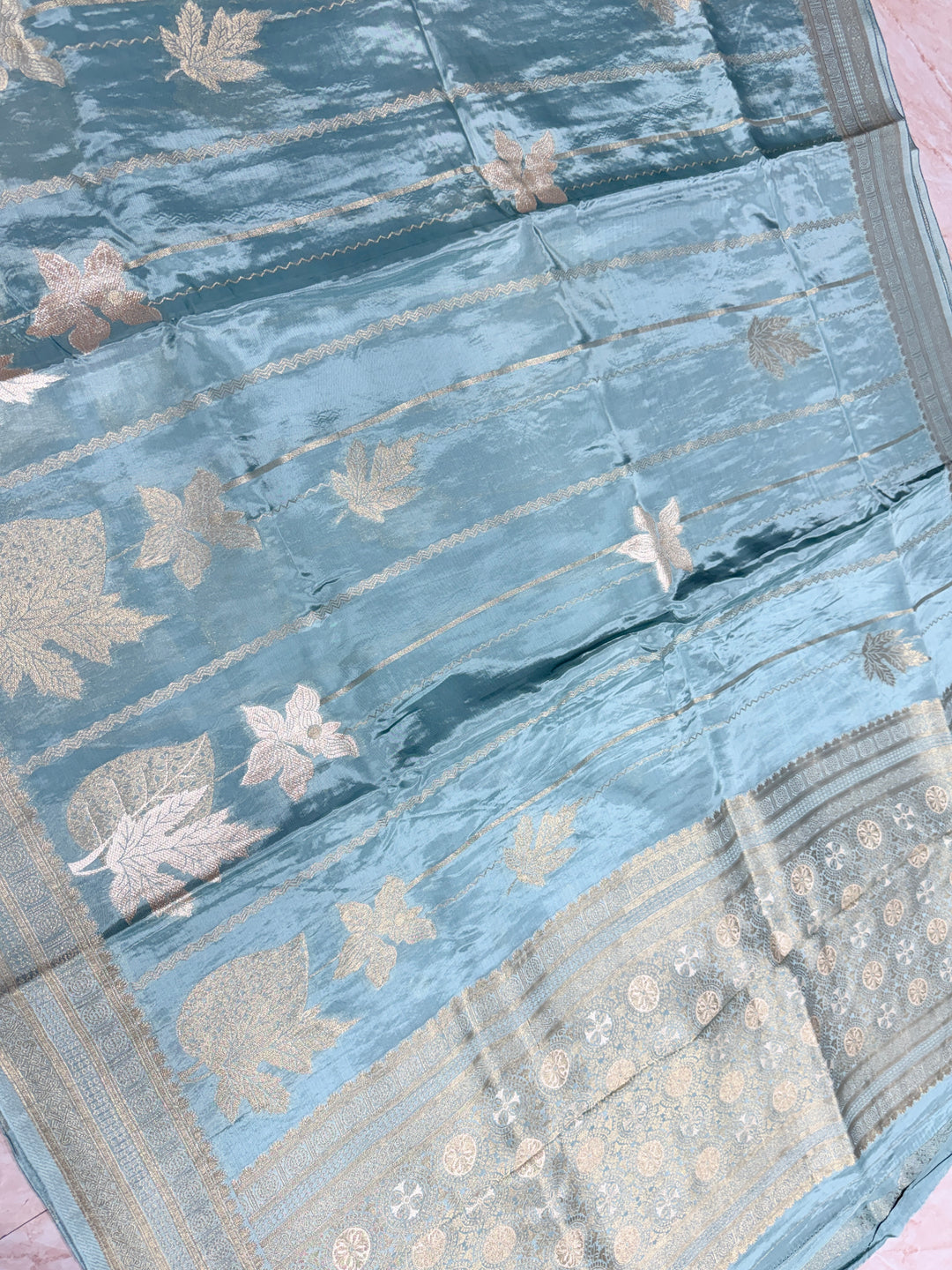 KOREAN SILK IN LIGHT MATALLIC AQUA BLUE WITH GOLD AND SILVER ZARI WORK