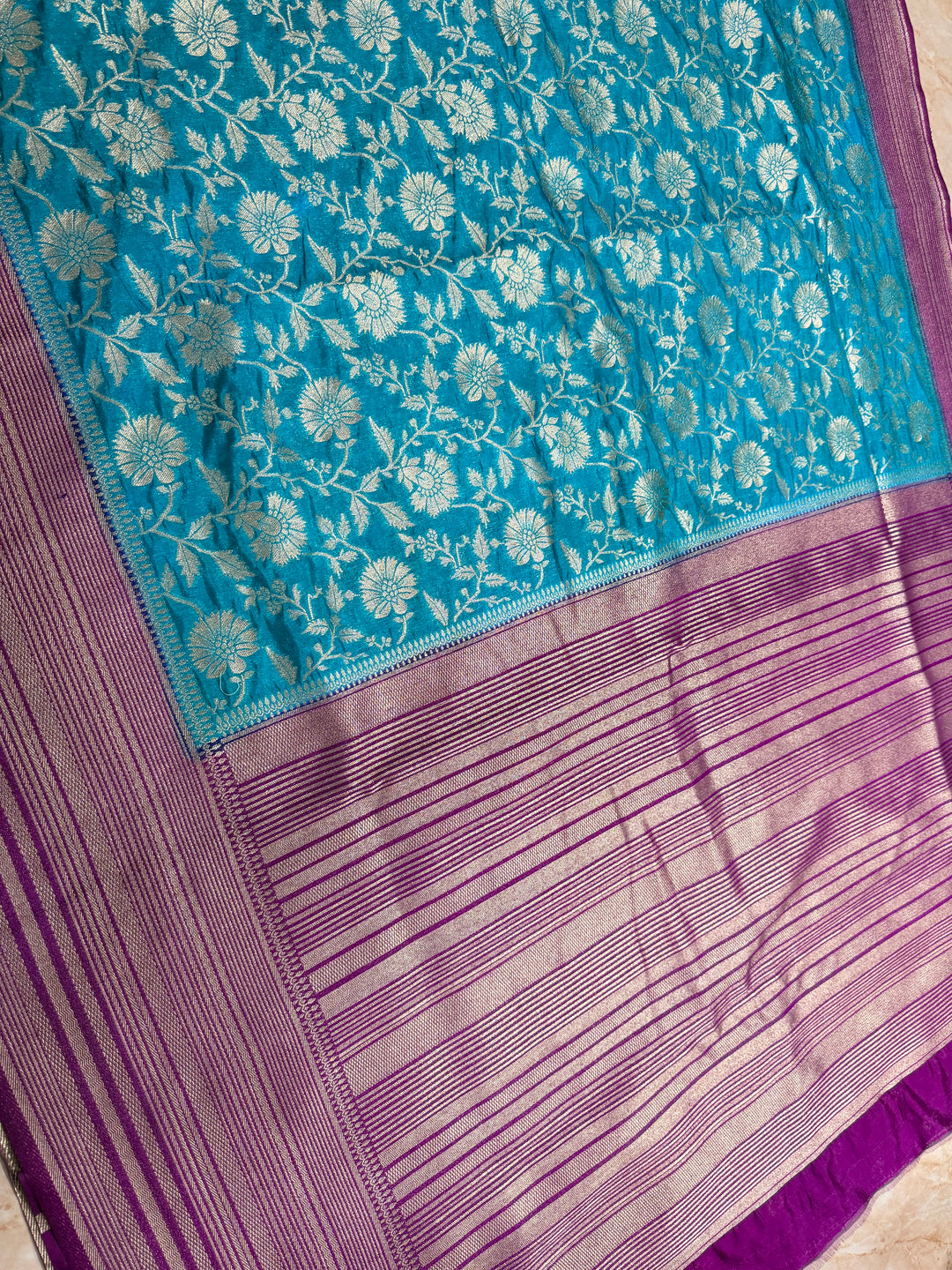 PAPER SILK WITH FLORAL JAAL DESIGN IN SKY BLUE COLOUR SHADE