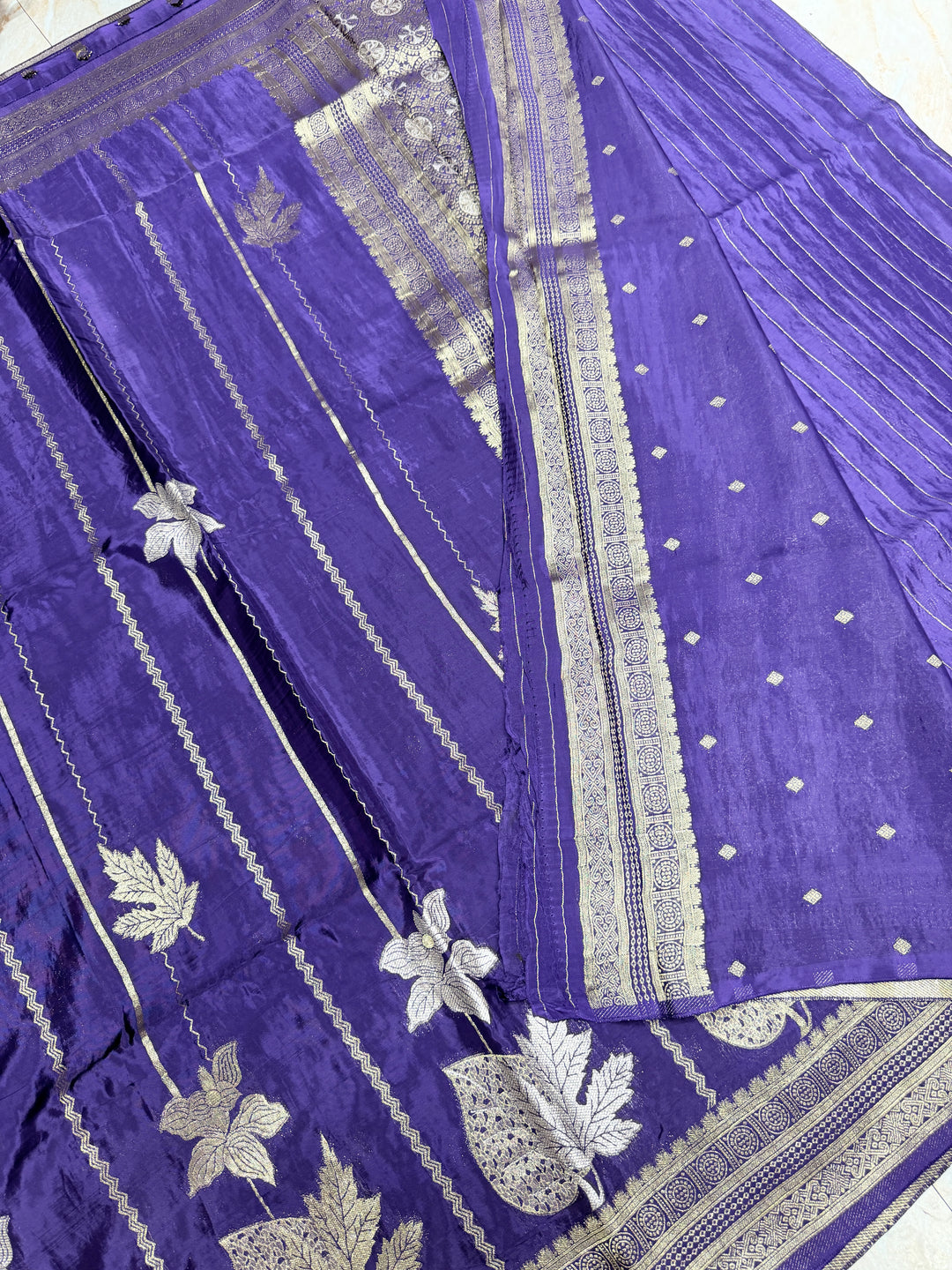 KOREAN SILK IN NAVY BLUE WITH GOLD AND SILVER ZARI WORK