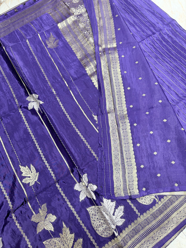 KOREAN SILK IN NAVY BLUE WITH GOLD AND SILVER ZARI WORK