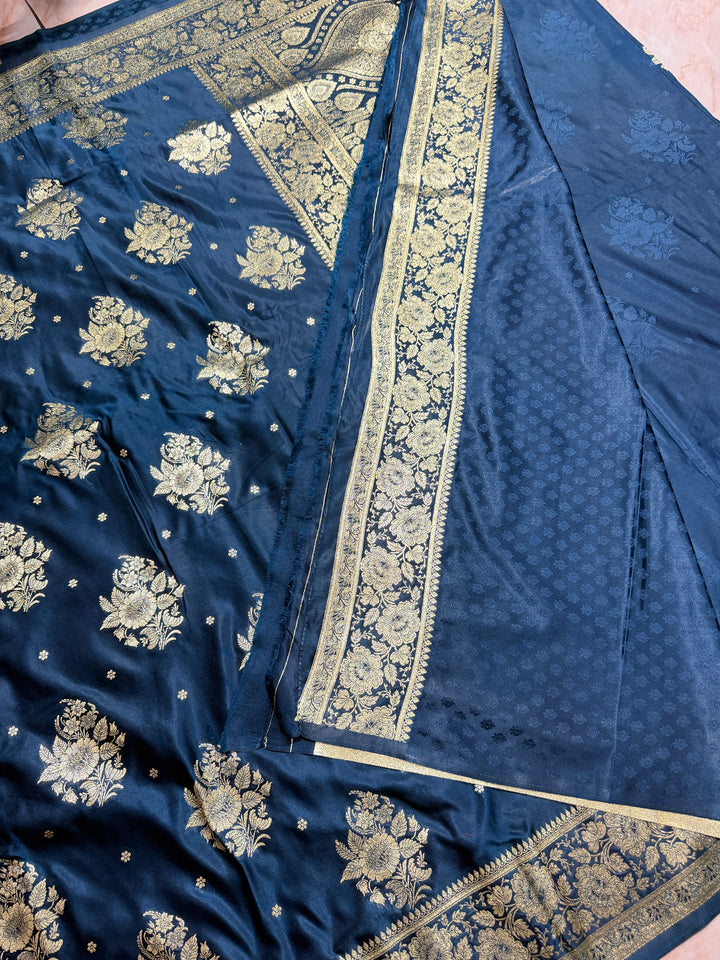 MASHRU KATAN IN DEEP GERMAN BLUE SHADE WITH FLORAL BORDER