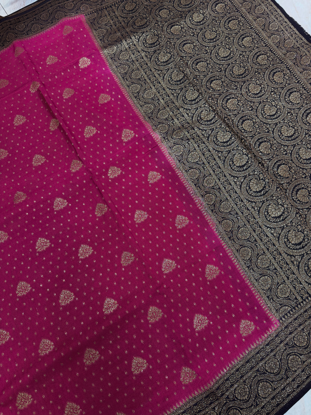 PREMIUM SEMI KHADDI VISCOSE GEORGETTE SAREE IN CHERRY COLOUR SHADE WITH CHOCOLATE  BORDER