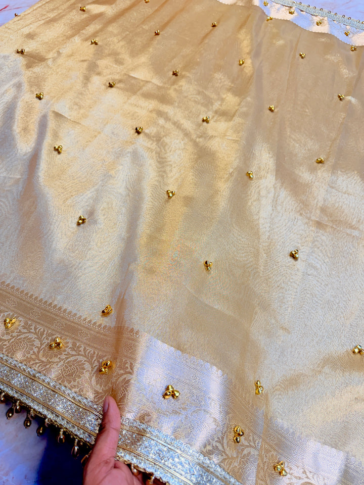 ZARDOSI GHUNGROO WORK SAREE IN CHAMPAGNE CREAM COLOUR SHADE