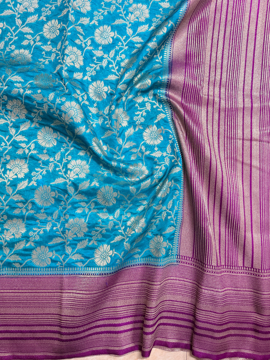 PAPER SILK WITH FLORAL JAAL DESIGN IN SKY BLUE COLOUR SHADE
