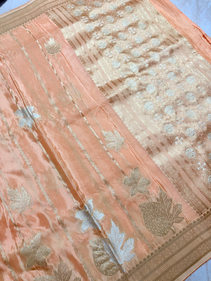 KOREAN SILK IN PEACH ORANGE WITH GOLD AND SILVER ZARI WORK