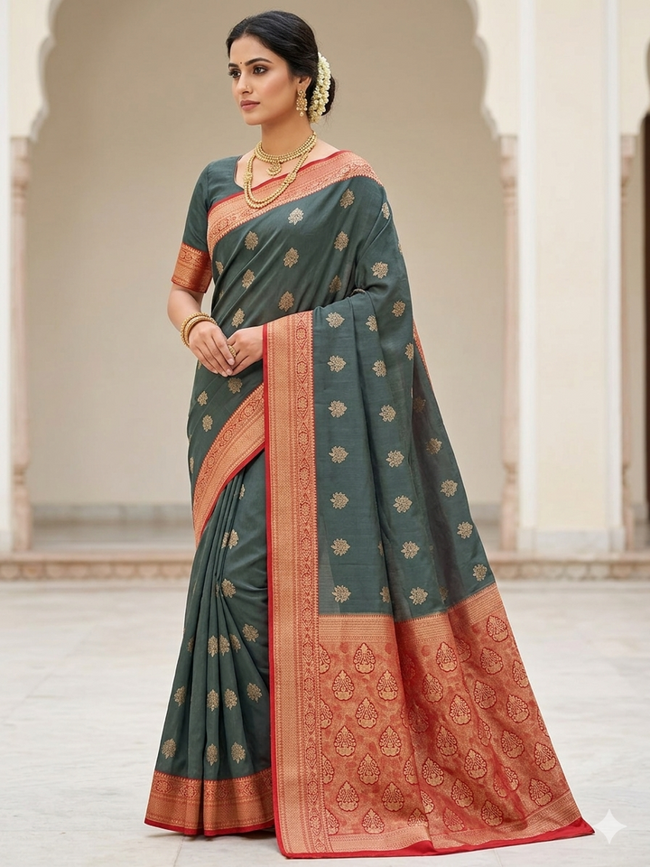 RUSSIAN SILK IN DARK GREY WITH RED BORDER