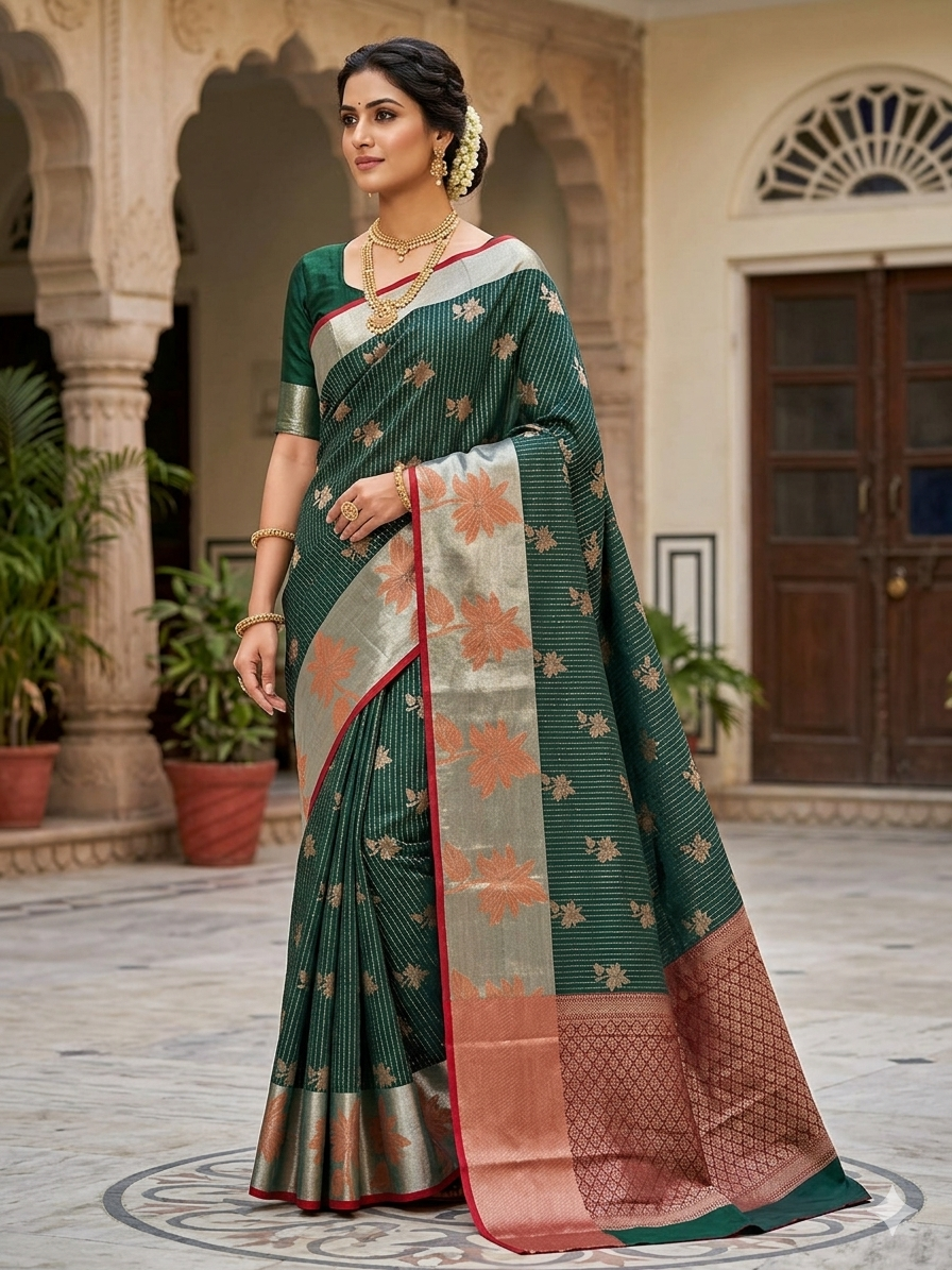 BANARASI SILK IN BOTTLE GREEN WITH TISU RED BORDER